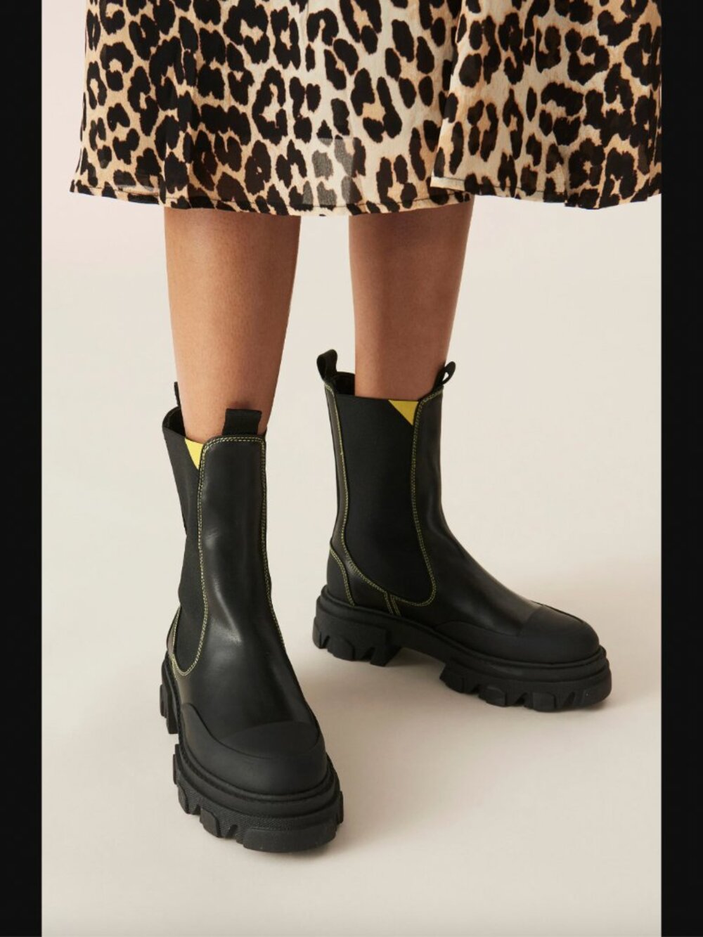 Ganni Black Calf Leather Cleated Mid Chelsea Boots with Embossed Insole